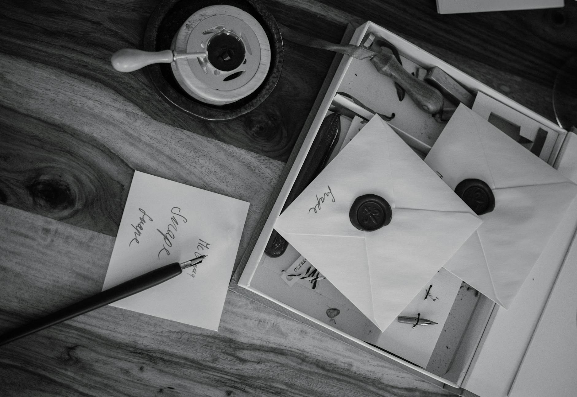 Czarno-białe koperty z pieczęciami i piórem na drewnianym biurku