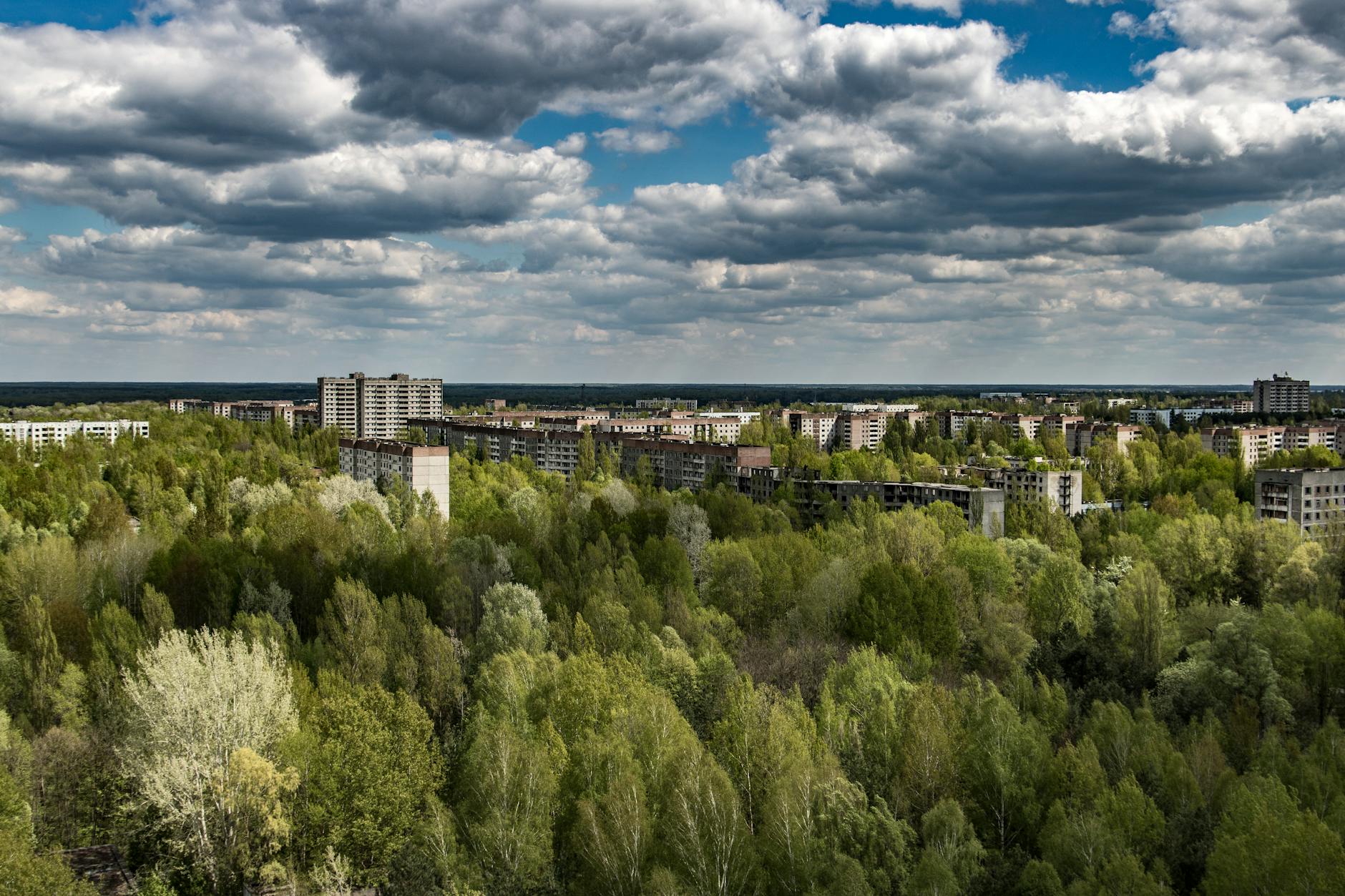 Opuszczone budynki Prypeci otoczone zielenią, widok z lotu ptaka